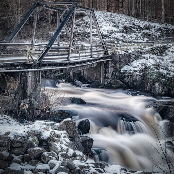 Closed Rickety Old Bridge Crosses Rapidly Flowing Waterfall Forsmollan Klippan — Stock Photo, Image