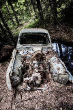 KIRKOE MOSSE, SWEDEN - 30 Mayıs 2020: İsveç 'in Kirkoe Mosse kentindeki bir ormanda bir araba mezarlığı.