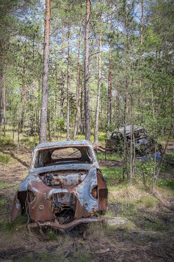 KIRKOE MOSSE, SWEDEN - 30 Mayıs 2020: İsveç 'in Kirkoe Mosse kentindeki bir ormanda bir araba mezarlığı.