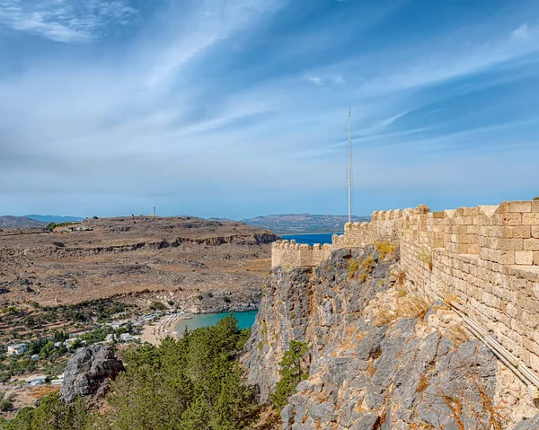Paredes Que Cercam Complexo Temple Que Acrópole Lindos Ilha Grega — Fotografia de Stock