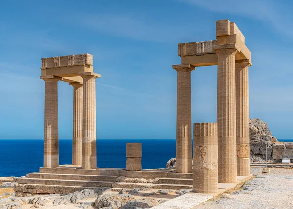 Zřícenina Stoa Psithyros Akropoli Lindos Řeckém Ostrově Rhodos — Stock fotografie