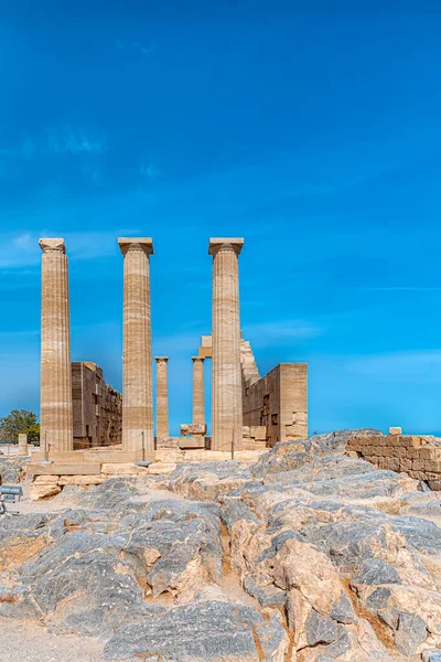 Zničený Chrám Athény Akropoli Lindos Řeckém Ostrově Rhodos — Stock fotografie