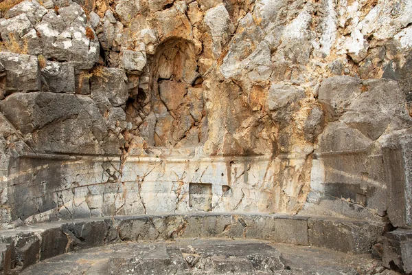 Una Las Tallas Piedra Ruinas Lindos Acrópolis Isla Griega Rodas — Foto de Stock
