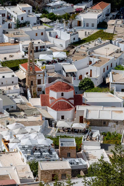 Lindos Grécia Outubro 2018 Uma Vista Aérea Aldeia Lindos Ilha — Fotografia de Stock