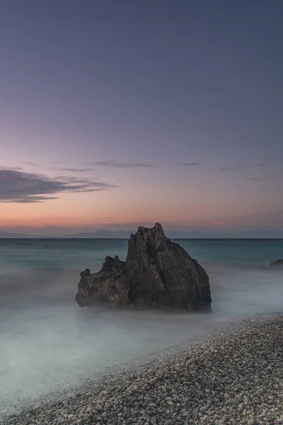 Hosszú Expozíció Fotograhy Sziklás Kato Petres Beach Táj Alkonyatkor Rodosz — Stock Fotó