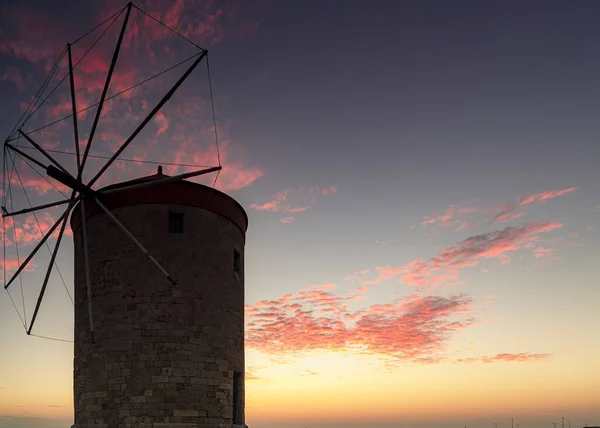 Windmills Rhodes Old Town Mandraki Harbor Sunrise — Stock Photo, Image