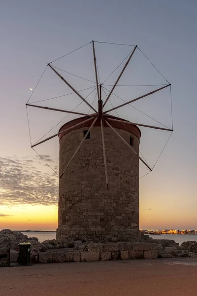 One Windmills Rhodes Old Town Mandraki Harbor Sunrise — Stock Photo, Image