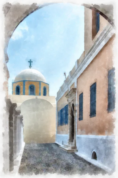 Fira katolicka Katedra cyfrowych akwarela malarstwo — Zdjęcie stockowe