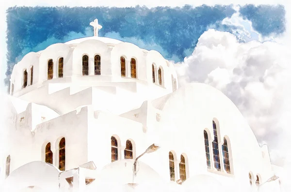 Fira Orthodox Metropolitan cathedral digital watercolor painting — Stock Photo, Image