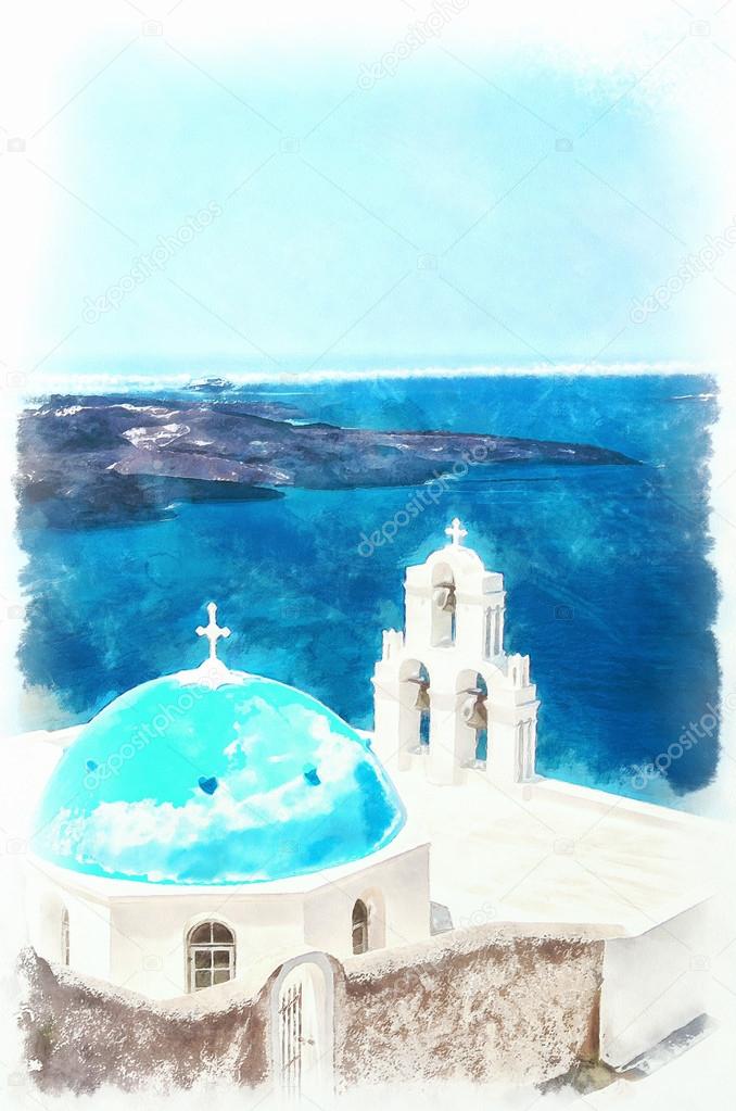 Firostefani church digital watercolor painting