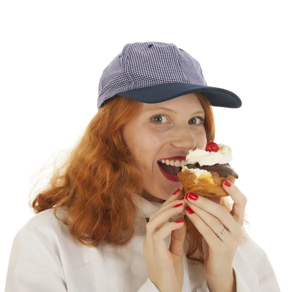 Female baker chef with pastry — Stock Photo, Image