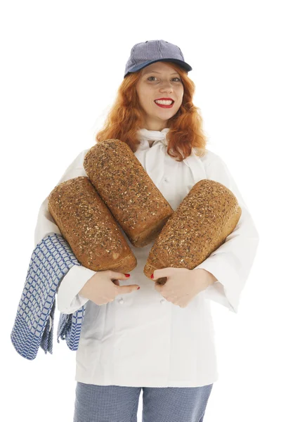 Female baker chef carrying bread — Stock Photo, Image