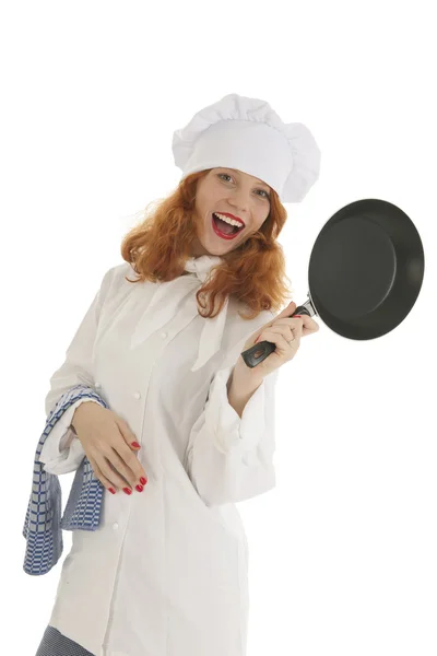 Cozinheiro chef feminino com frigideira — Fotografia de Stock