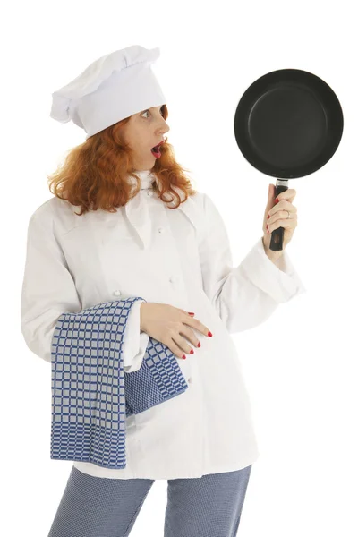 Kadın aşçı Şef ile kızartma tavası — Stok fotoğraf