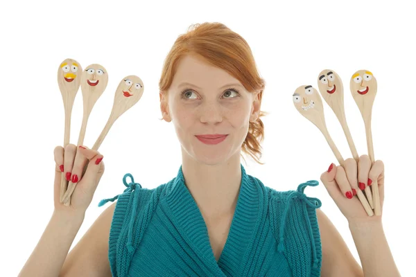 Donna divertente con cucchiai — Foto Stock