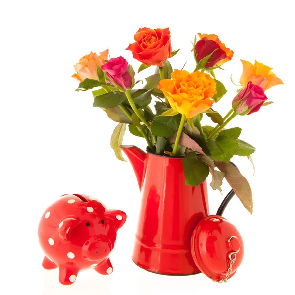 Bouquet roses and piggy bank — Stock Photo, Image
