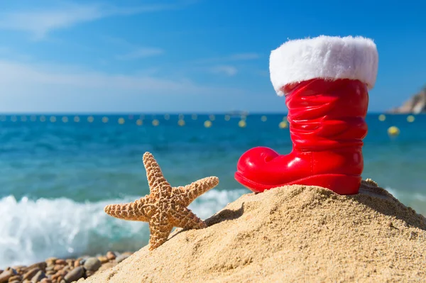 Seestern und roter Stiefel vom Weihnachtsmann — Stockfoto
