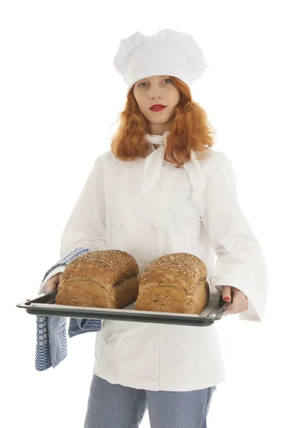 Női baker szakács, kenyér — Stock Fotó