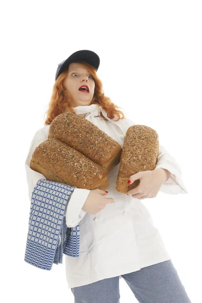 Female baker chef with bread — Stock Photo, Image