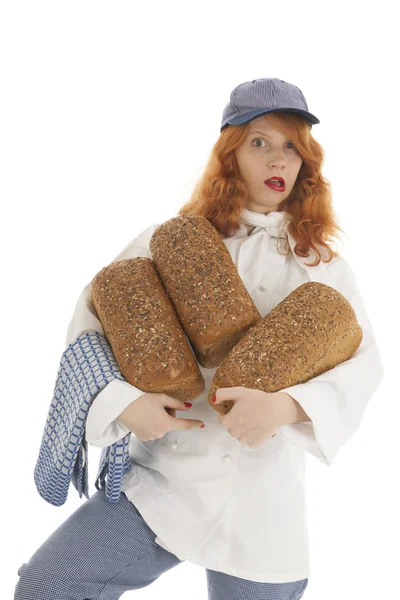 Vrouwelijke baker chef-kok met brood — Stockfoto