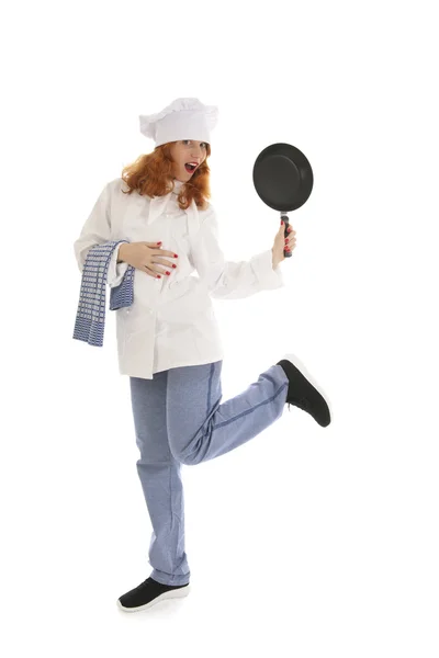 Kvinnliga kock kock med stekpanna — Stockfoto