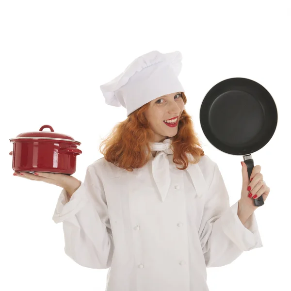 Chef cuisinière avec casseroles et casseroles — Photo