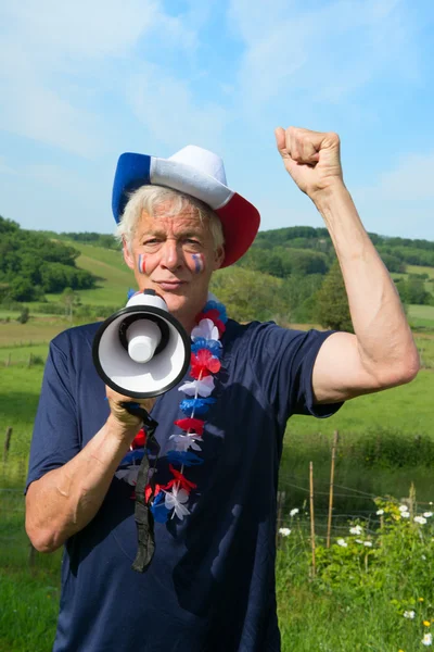 Ventilatore di calcio francese con megafono — Foto Stock