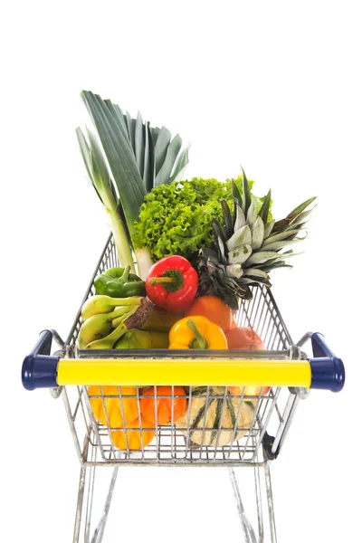 Carrito Compras Azul Amarillo Lleno Frutas Verduras Frescas — Foto de Stock