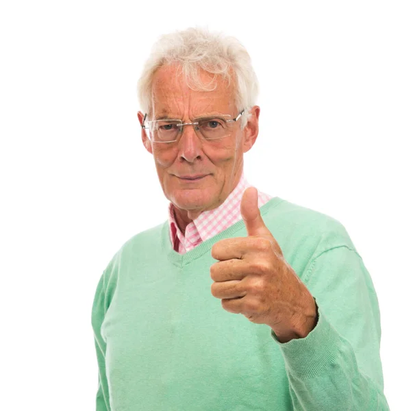 Senior Man Green Sweater Thumbs Isolated White Background — Stock Photo, Image