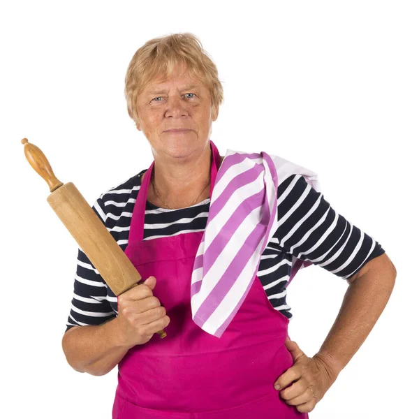 Elder Woman Pin Roller Apron Isolated Ovr White Background — Stock Photo, Image