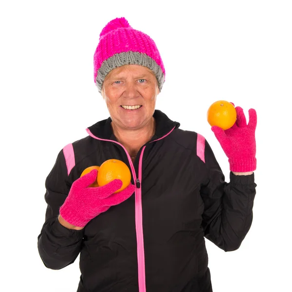 Mujer Mayor Con Fruta Fresca Ropa Deportiva —  Fotos de Stock