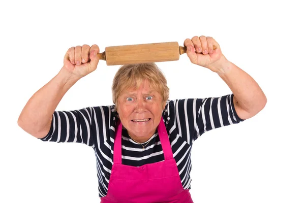 Πολύ Θυμωμένος Ηλικιωμένη Γυναίκα Pin Roller Απομονώνονται Λευκό Φόντο — Φωτογραφία Αρχείου