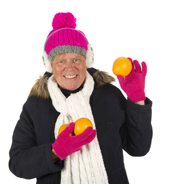 Mujer Sana Invierno Con Fruta Aislada Sobre Fondo Blanco —  Fotos de Stock