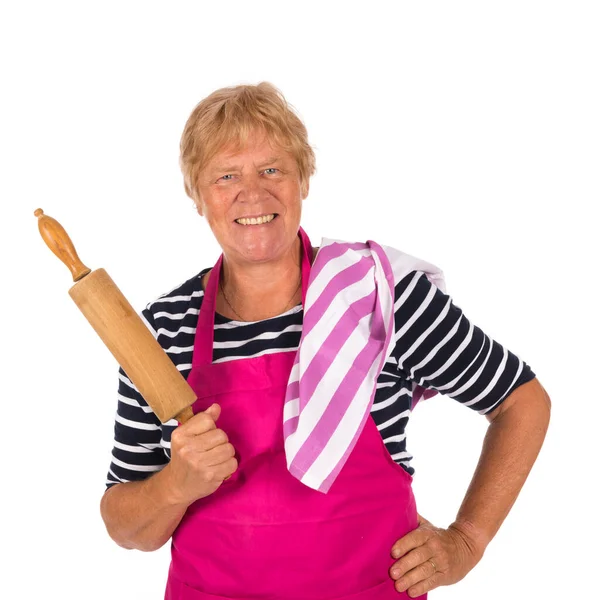 Elder Woman Pin Roller Apron Isolated Ovr White Background — Stock Photo, Image