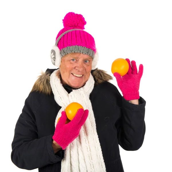 Friska Vinter Kvinna Med Frukt Isolerad Över Vit Bakgrund — Stockfoto