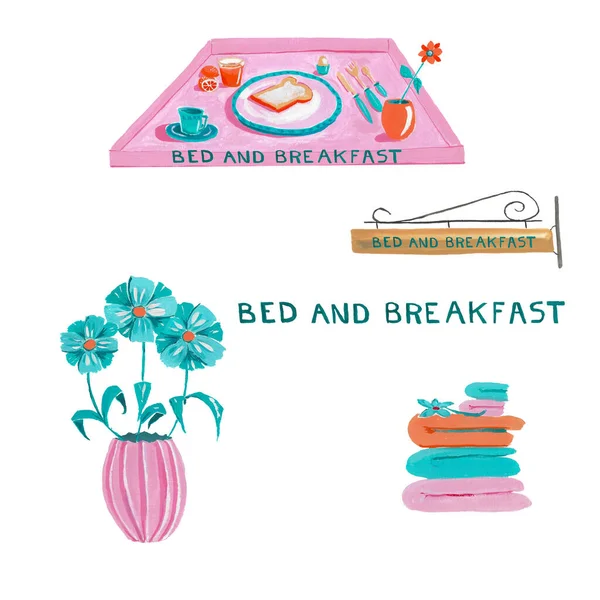 Beyaz Arka Planda Boyaması Resimli Yatak Kahvaltı — Stok fotoğraf