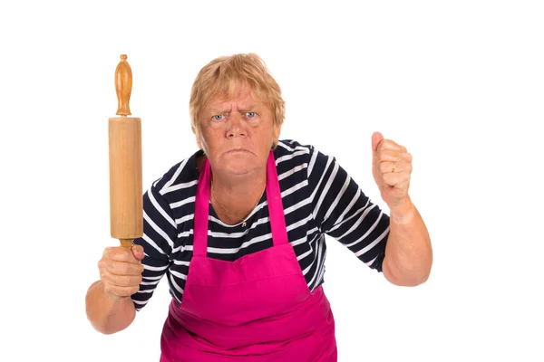 Velmi Naštvaný Starší Žena Pin Válec Izolované Přes Bílé Pozadí — Stock fotografie