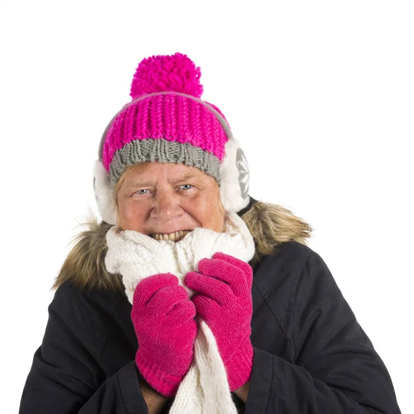 健康的老年妇女在冬季被隔离在白色背景之外 — 图库照片