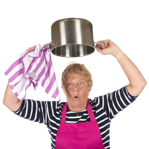 Rolig Äldre Kvinna Med Pan Huvudet Isolerad Över Vit Bakgrund — Stockfoto