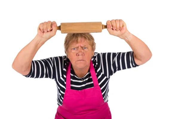 Mulher Mais Velha Muito Irritada Com Rolo Pino Isolado Sobre — Fotografia de Stock