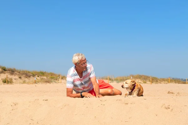 Senior Man Laying Old Dog Summer Beach — Stock Photo, Image