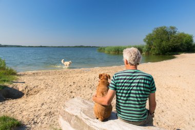 Man with dog in landscape with river clipart