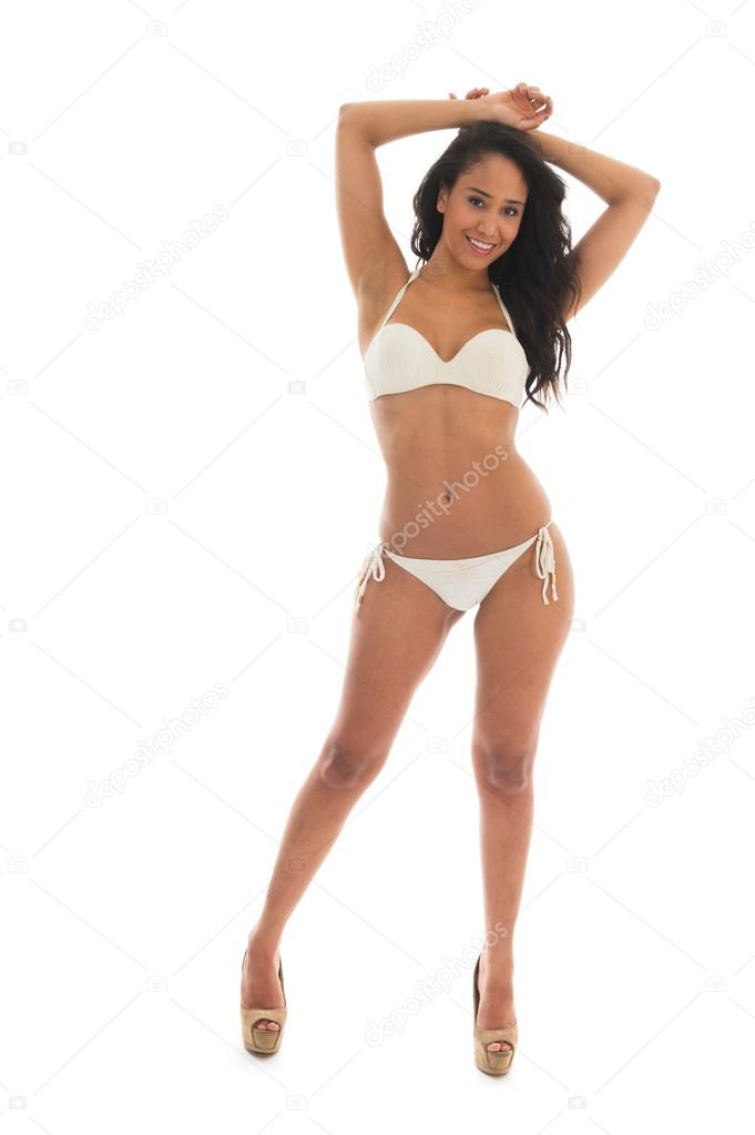 Black woman in white bikini