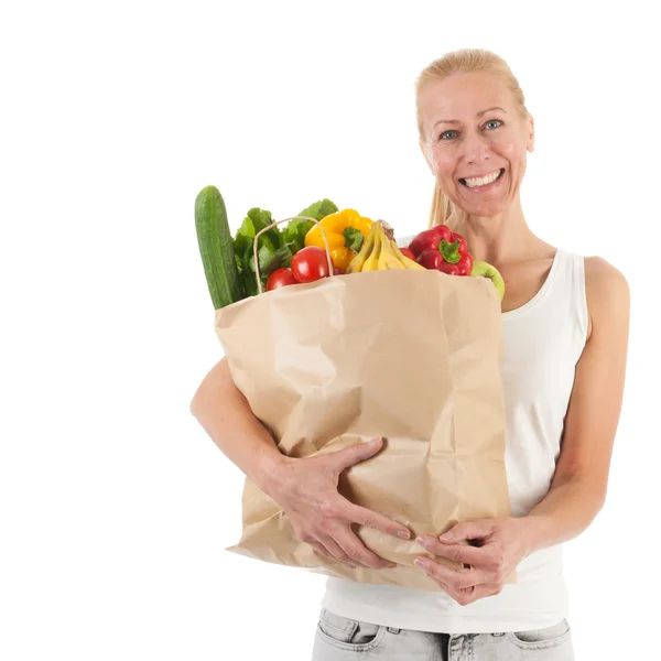 Nő egészséges zöldség és gyümölcs — Stock Fotó