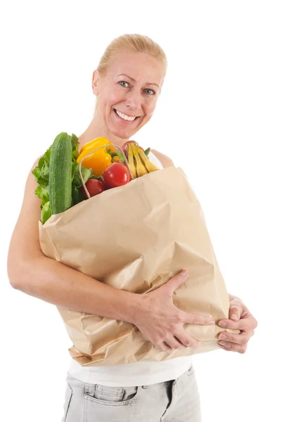 Γυναίκα με υγιή λαχανικά και φρούτα — Φωτογραφία Αρχείου