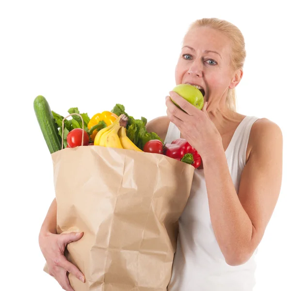 Femme aux légumes et fruits sains — Photo