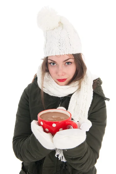 Portret winter meisje met warme chocolademelk — Stockfoto