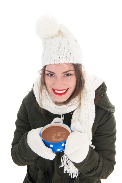 Retrato menina de inverno com chocolate quente — Fotografia de Stock