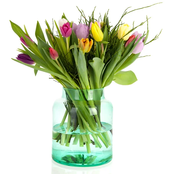 Tulpen in groen glazen vaas — Stockfoto