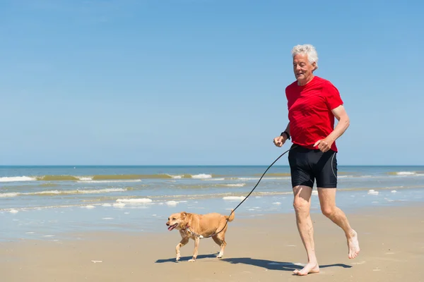 Correndo com o cão na praia — Fotografia de Stock